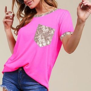 NWT Luxe Moment Pink Sequin Short Sleeve Chest Pocket Tee